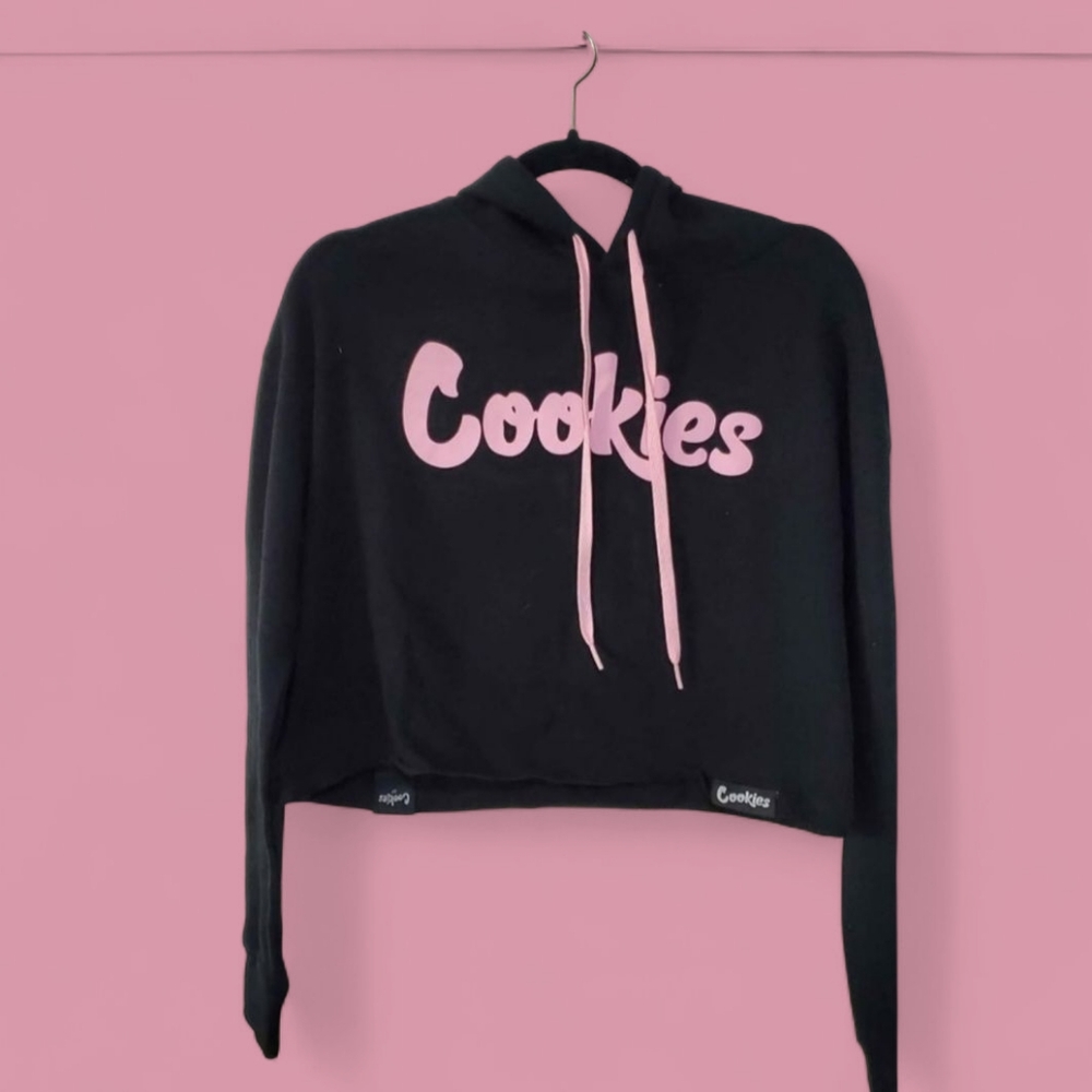 Cookies Black Cropped Hoodie with Pink Accents